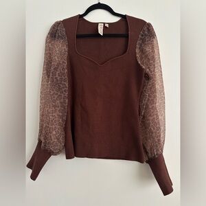 Dolan Anthropologie Chocolate Ribbed Sweater with Sheer Animal Print Sleeves